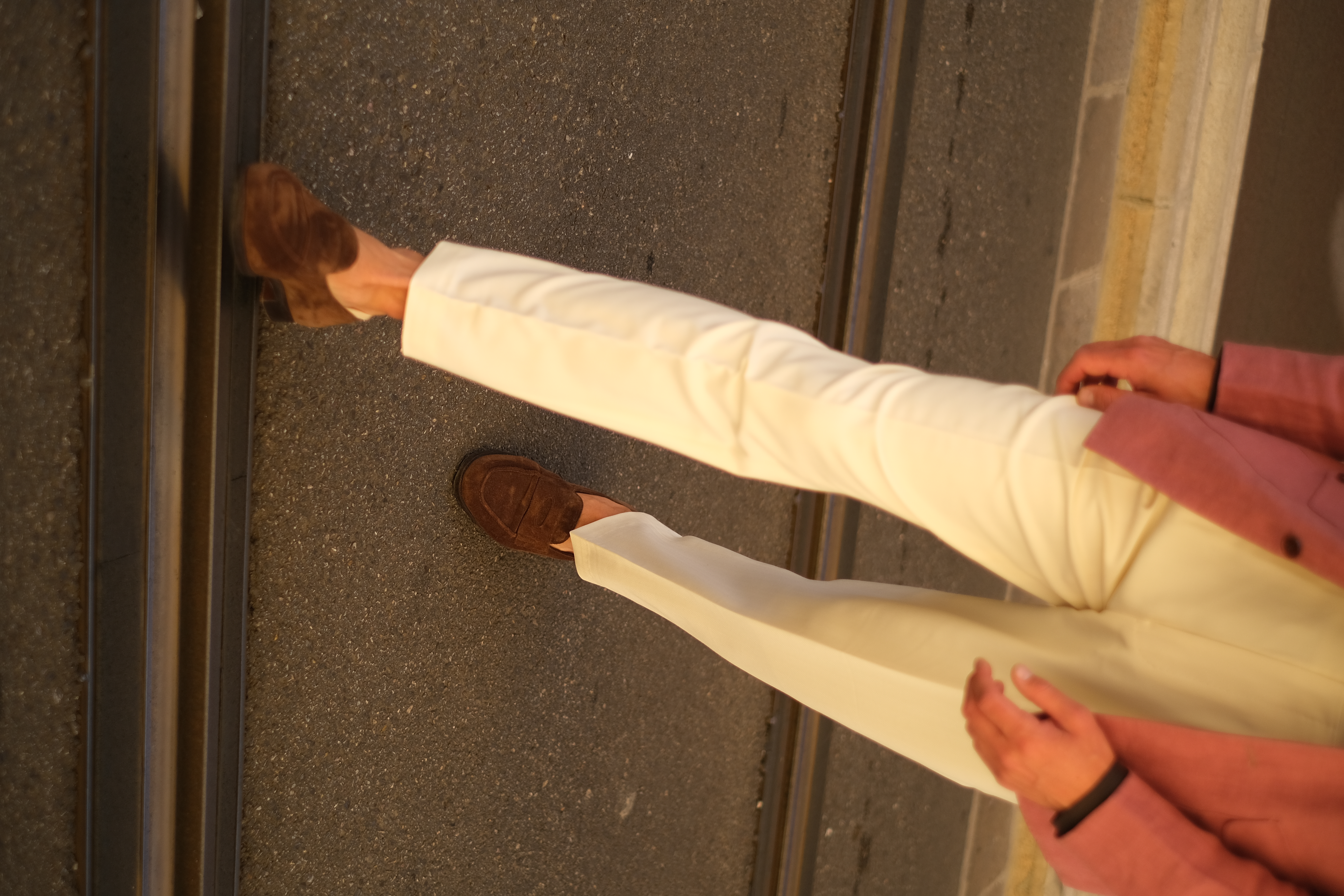Ivory wool trousers with John Lobb penny loafers, Pitti Uomo Florence