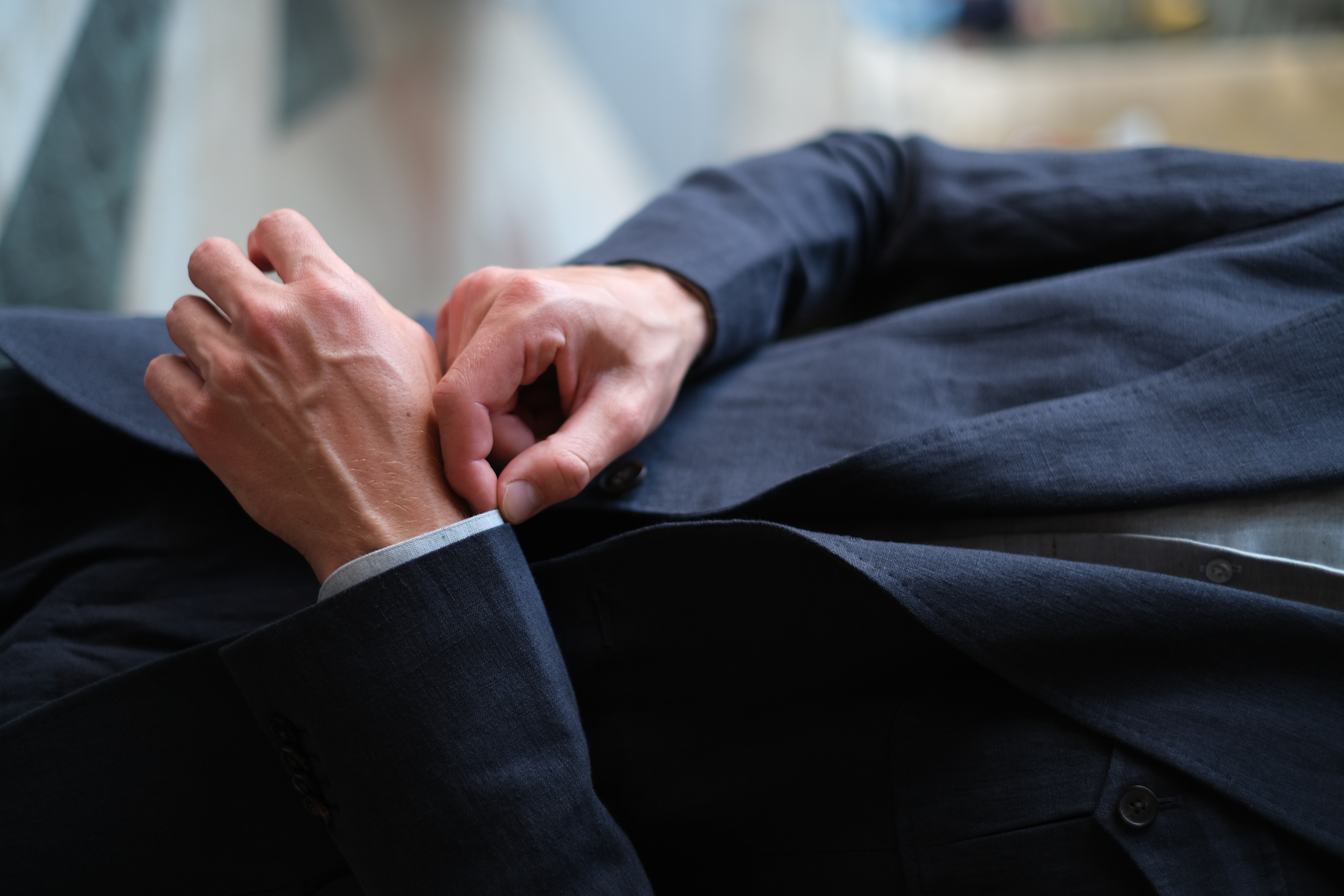 Linen suit fabric and handwork detail, Pitti Uomo